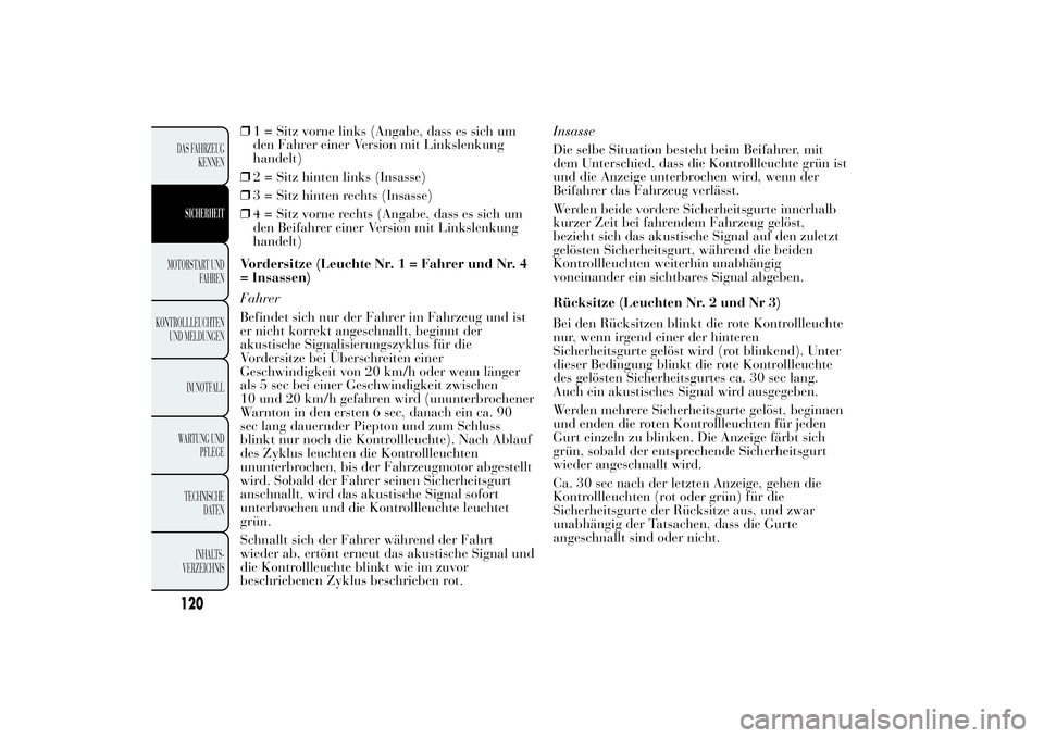 Lancia Ypsilon 2011 Betriebsanleitung (in German) ❒1 = Sitz vorne links (Angabe, dass es sich um
den Fahrer einer Version mit Linkslenkung
handelt)
❒2 = Sitz hinten links (Insasse)
❒3 = Sitz hinten rechts (Insasse)
❒4 = Sitz vorne rechts (Ang Lancia Ypsilon 2011 Betriebsanleitung (in German) ❒1 = Sitz vorne links (Angabe, dass es sich um
den Fahrer einer Version mit Linkslenkung
handelt)
❒2 = Sitz hinten links (Insasse)
❒3 = Sitz hinten rechts (Insasse)
❒4 = Sitz vorne rechts (Ang
