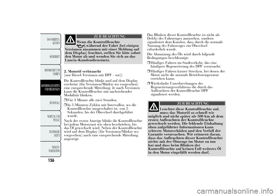 Lancia Ypsilon 2011 Betriebsanleitung (in German) ZUR BEACHTUNG
Wenn die Kontrollleuchte
während der Fahrt (bei einigen
Versionen zusammen mit einer Meldung auf
dem Display) leuchtet, stellen Sie bitte sofort
den Motor ab und wenden Sie sich an das
Lancia Ypsilon 2011 Betriebsanleitung (in German) ZUR BEACHTUNG
Wenn die Kontrollleuchte
während der Fahrt (bei einigen
Versionen zusammen mit einer Meldung auf
dem Display) leuchtet, stellen Sie bitte sofort
den Motor ab und wenden Sie sich an das