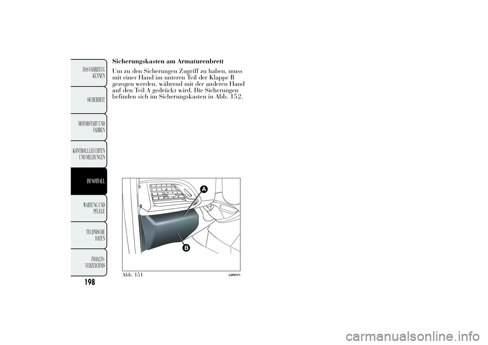 Lancia Ypsilon 2011 Betriebsanleitung (in German) Sicherungskasten am Armaturenbrett
Um zu den Sicherungen Zugriff zu haben, muss
mit einer Hand im unteren Teil der Klappe B
gezogen werden, während mit der anderen Hand
auf den Teil A gedrückt wird. Lancia Ypsilon 2011 Betriebsanleitung (in German) Sicherungskasten am Armaturenbrett
Um zu den Sicherungen Zugriff zu haben, muss
mit einer Hand im unteren Teil der Klappe B
gezogen werden, während mit der anderen Hand
auf den Teil A gedrückt wird.