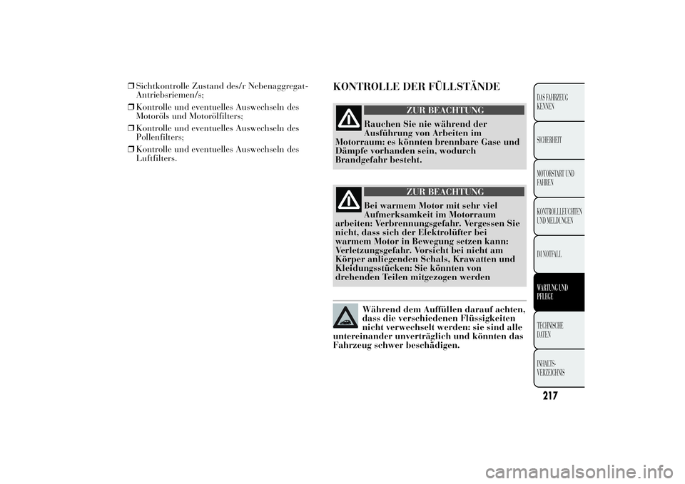 Lancia Ypsilon 2011 Betriebsanleitung (in German) ❒Sichtkontrolle Zustand des/r Nebenaggregat-
Antriebsriemen/s;
❒Kontrolle und eventuelles Auswechseln des
Motoröls und Motorölfilters;
❒Kontrolle und eventuelles Auswechseln des
Pollenfilters; Lancia Ypsilon 2011 Betriebsanleitung (in German) ❒Sichtkontrolle Zustand des/r Nebenaggregat-
Antriebsriemen/s;
❒Kontrolle und eventuelles Auswechseln des
Motoröls und Motorölfilters;
❒Kontrolle und eventuelles Auswechseln des
Pollenfilters;