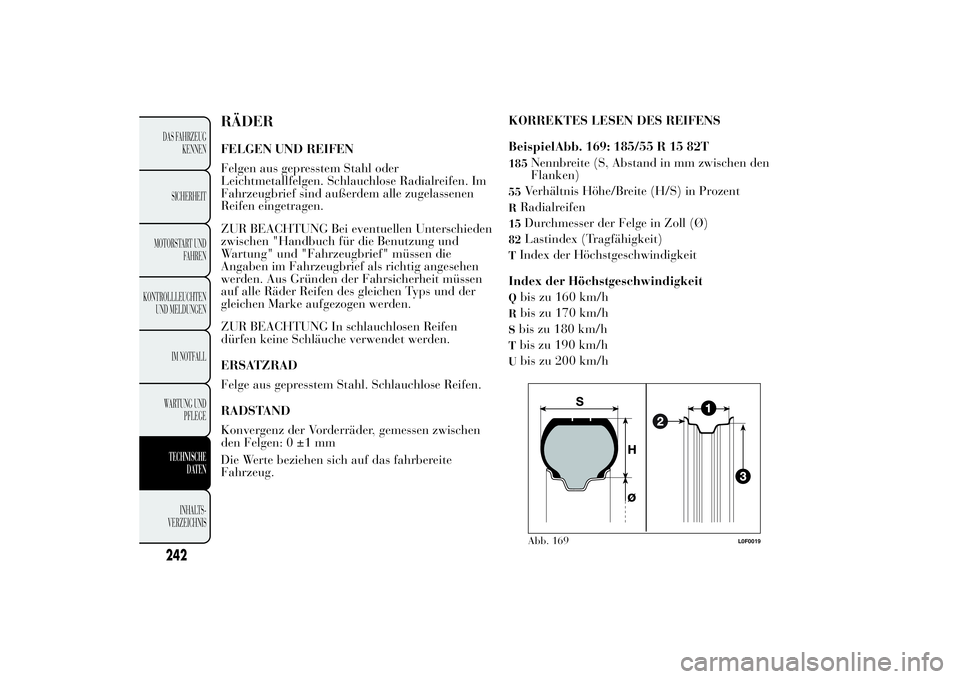 Lancia Ypsilon 2011 Betriebsanleitung (in German) RÄDERFELGEN UND REIFEN
Felgen aus gepresstem Stahl oder
Leichtmetallfelgen. Schlauchlose Radialreifen. Im
Fahrzeugbrief sind außerdem alle zugelassenen
Reifen eingetragen.
ZUR BEACHTUNG Bei eventuel Lancia Ypsilon 2011 Betriebsanleitung (in German) RÄDERFELGEN UND REIFEN
Felgen aus gepresstem Stahl oder
Leichtmetallfelgen. Schlauchlose Radialreifen. Im
Fahrzeugbrief sind außerdem alle zugelassenen
Reifen eingetragen.
ZUR BEACHTUNG Bei eventuel