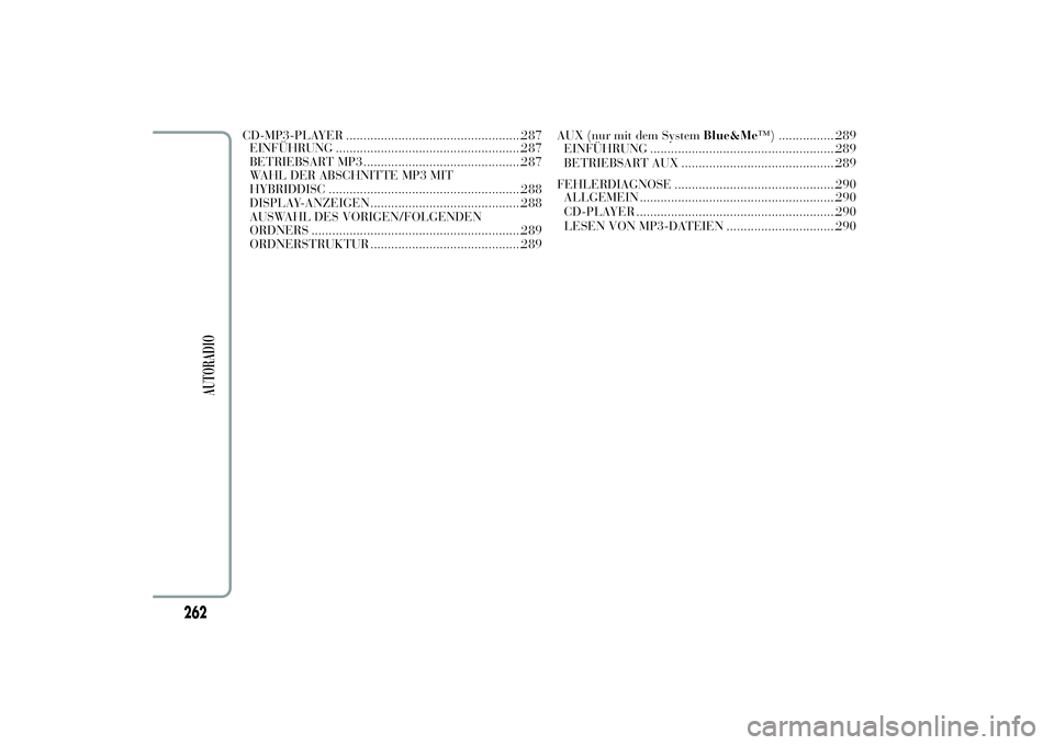 Lancia Ypsilon 2011  Betriebsanleitung (in German) CD-MP3-PLAYER ...................................................287
EINFÜHRUNG ......................................................287
BETRIEBSART MP3 .............................................