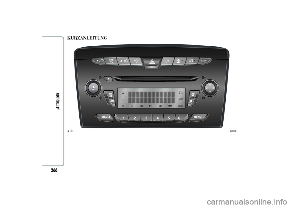 Lancia Ypsilon 2011 Betriebsanleitung (in German) KURZANLEITUNG
L0F0004
266
AUTORADIO
Abb. 1 Lancia Ypsilon 2011 Betriebsanleitung (in German) KURZANLEITUNG
L0F0004
266
AUTORADIO
Abb. 1