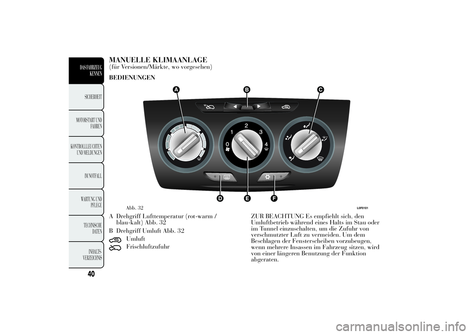 Lancia Ypsilon 2011 Betriebsanleitung (in German) MANUELLE KLIMAANLAGE(für Versionen/Märkte, wo vorgesehen)
BEDIENUNGEN
A Drehgriff Lufttemperatur (rot-warm /
blau-kalt) Abb. 32
B Drehgriff Umluft Abb. 32
UmluftFrischluftzufuhrZUR BEACHTUNG Es empf Lancia Ypsilon 2011 Betriebsanleitung (in German) MANUELLE KLIMAANLAGE(für Versionen/Märkte, wo vorgesehen)
BEDIENUNGEN
A Drehgriff Lufttemperatur (rot-warm /
blau-kalt) Abb. 32
B Drehgriff Umluft Abb. 32
UmluftFrischluftzufuhrZUR BEACHTUNG Es empf