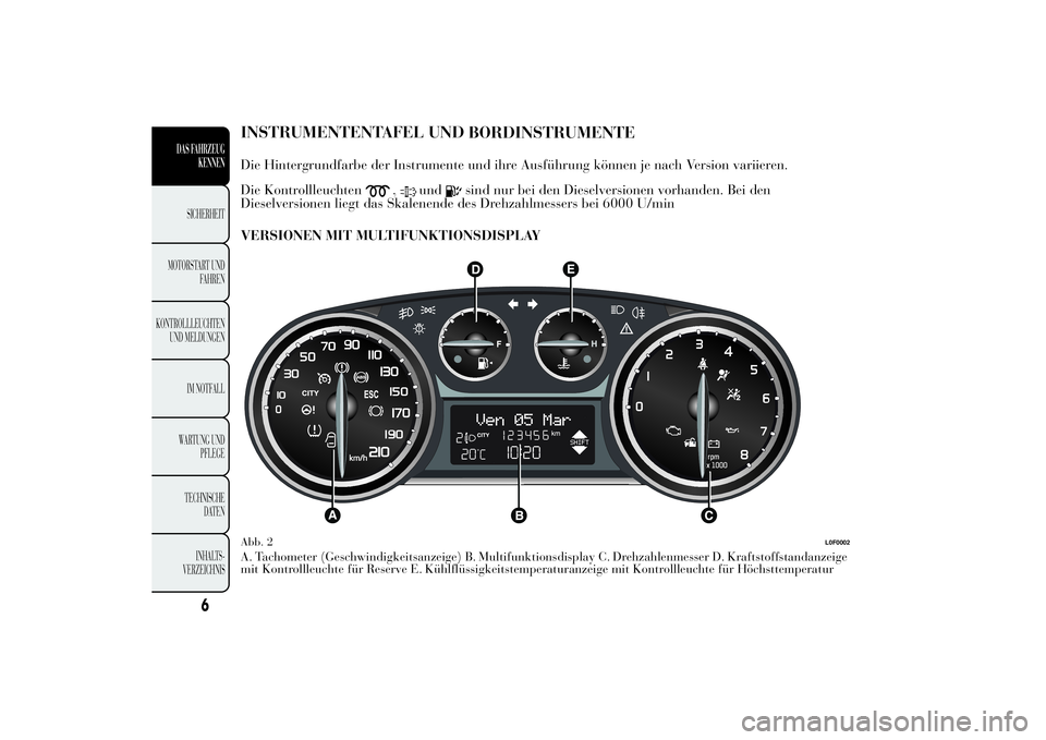 Lancia Ypsilon 2011  Betriebsanleitung (in German) INSTRUMENTENTAFEL UND
BORDINSTRUMENTEDie Hintergrundfarbe der Instrumente und ihre Ausführung können je nach Version variieren.
Die Kontrollleuchten
,
und
sind nur bei den Dieselversionen vorhanden.