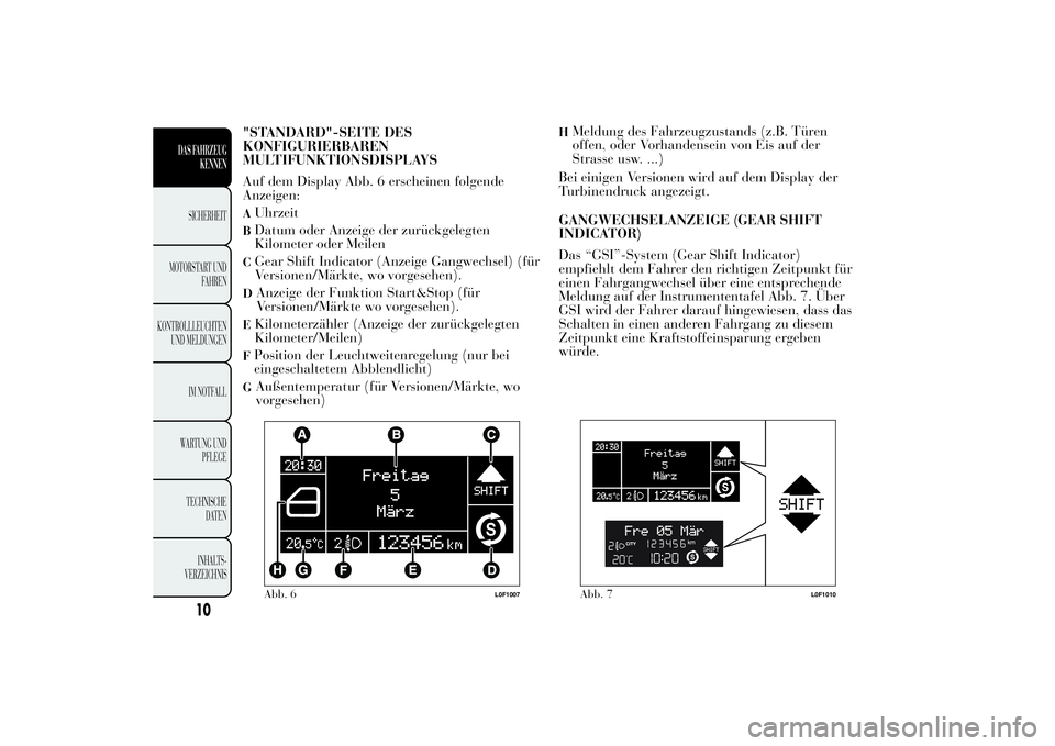 Lancia Ypsilon 2012 Betriebsanleitung (in German) "STANDARD"-SEITE DES
KONFIGURIERBAREN
MULTIFUNKTIONSDISPLAYS
Auf dem Display Abb. 6 erscheinen folgende
Anzeigen:AUhrzeitBDatum oder Anzeige der zurückgelegten
Kilometer oder MeilenCGear Shif Lancia Ypsilon 2012 Betriebsanleitung (in German) "STANDARD"-SEITE DES
KONFIGURIERBAREN
MULTIFUNKTIONSDISPLAYS
Auf dem Display Abb. 6 erscheinen folgende
Anzeigen:AUhrzeitBDatum oder Anzeige der zurückgelegten
Kilometer oder MeilenCGear Shif