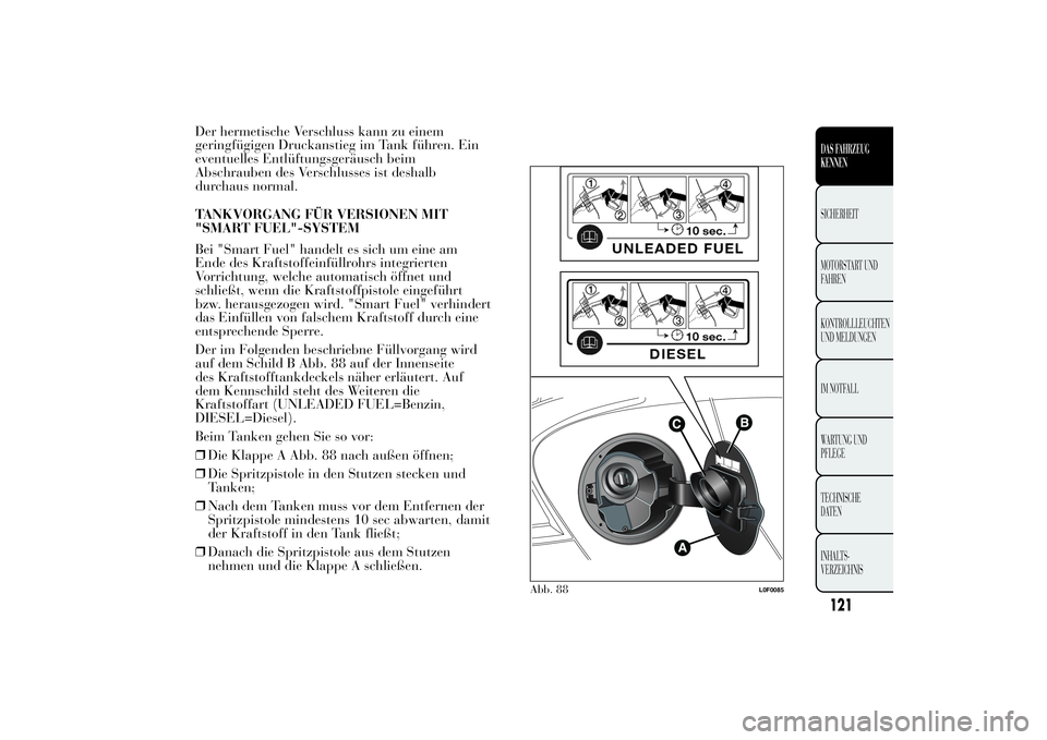 Lancia Ypsilon 2012  Betriebsanleitung (in German) Der hermetische Verschluss kann zu einem
geringfügigen Druckanstieg im Tank führen. Ein
eventuelles Entlüftungsgeräusch beim
Abschrauben des Verschlusses ist deshalb
durchaus normal.
TANKVORGANG F