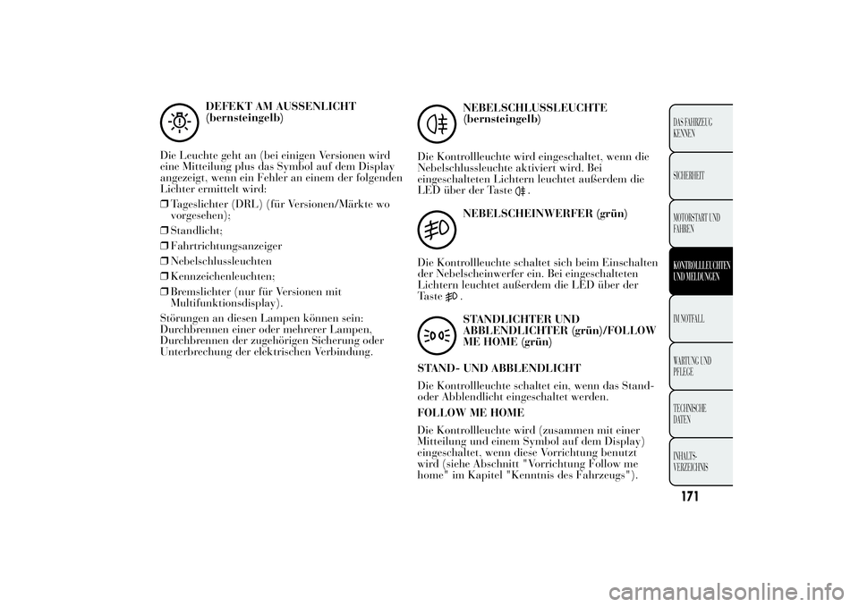 Lancia Ypsilon 2012 Betriebsanleitung (in German) DEFEKT AM AUSSENLICHT
(bernsteingelb)
Die Leuchte geht an (bei einigen Versionen wird
eine Mitteilung plus das Symbol auf dem Display
angezeigt, wenn ein Fehler an einem der folgenden
Lichter ermittel Lancia Ypsilon 2012 Betriebsanleitung (in German) DEFEKT AM AUSSENLICHT
(bernsteingelb)
Die Leuchte geht an (bei einigen Versionen wird
eine Mitteilung plus das Symbol auf dem Display
angezeigt, wenn ein Fehler an einem der folgenden
Lichter ermittel