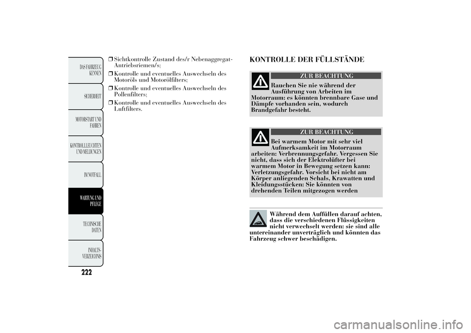 Lancia Ypsilon 2012  Betriebsanleitung (in German) ❒Sichtkontrolle Zustand des/r Nebenaggregat-
Antriebsriemen/s;
❒Kontrolle und eventuelles Auswechseln des
Motoröls und Motorölfilters;
❒Kontrolle und eventuelles Auswechseln des
Pollenfilters;