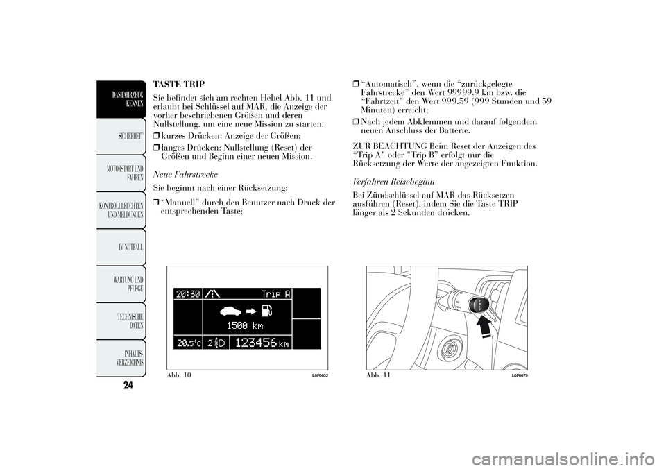 Lancia Ypsilon 2012  Betriebsanleitung (in German) TASTE TRIP
Sie befindet sich am rechten Hebel Abb. 11 und
erlaubt bei Schlüssel auf MAR, die Anzeige der
vorher beschriebenen Größen und deren
Nullstellung, um eine neue Mission zu starten.
❒kurz