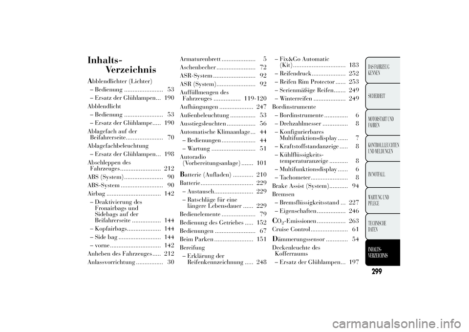 Lancia Ypsilon 2012  Betriebsanleitung (in German) Inhalts-
VerzeichnisAbblendlichter (Lichter)
– Bedienung ....................... 53
– Ersatz der Glühlampen... 190
Abblendlicht
– Bedienung ....................... 53
– Ersatz der Glühlampe.