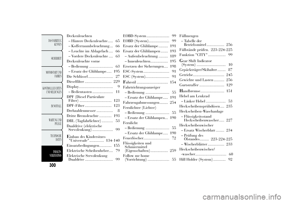 Lancia Ypsilon 2012  Betriebsanleitung (in German) Deckenleuchten
– Hintere Deckenleuchte ..... 65
– Kofferraumbeleuchtung ... 66
– Leuchte im Ablagefach .... 66
– Vordere Deckenleuchte .... 63
Deckenleuchte vorne
– Bedienung ...............