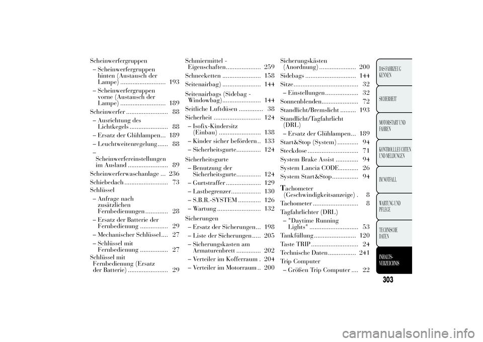 Lancia Ypsilon 2012  Betriebsanleitung (in German) Scheinwerfergruppen
– Scheinwerfergruppen
hinten (Austausch der
Lampe) .......................... 193
– Scheinwerfergruppen
vorne (Austausch der
Lampe) .......................... 189
Scheinwerfer 