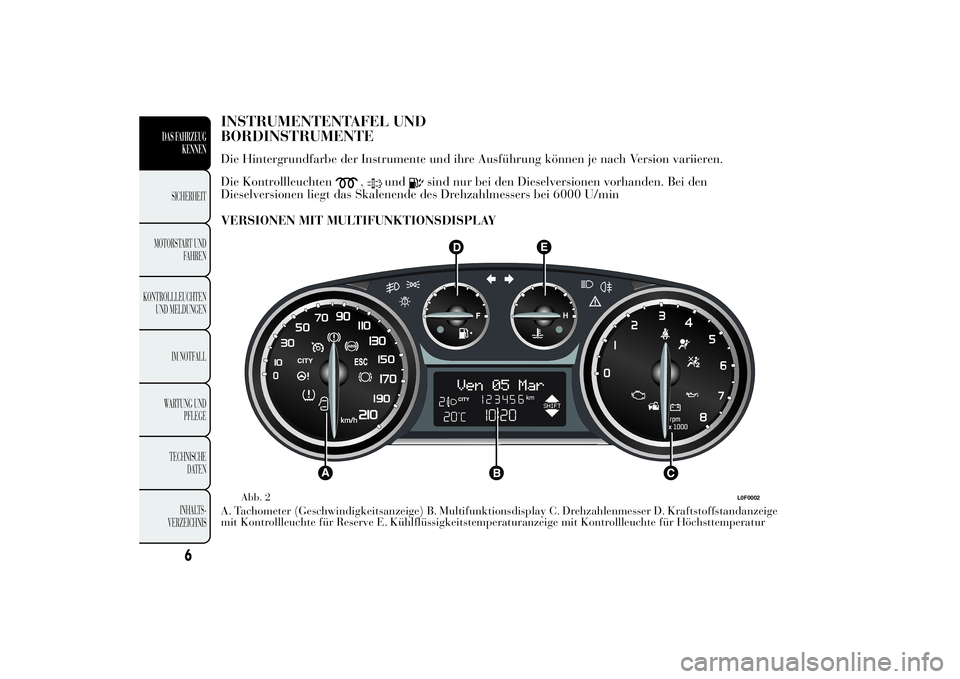Lancia Ypsilon 2012  Betriebsanleitung (in German) INSTRUMENTENTAFEL UND
BORDINSTRUMENTEDie Hintergrundfarbe der Instrumente und ihre Ausführung können je nach Version variieren.
Die Kontrollleuchten
,
und
sind nur bei den Dieselversionen vorhanden.