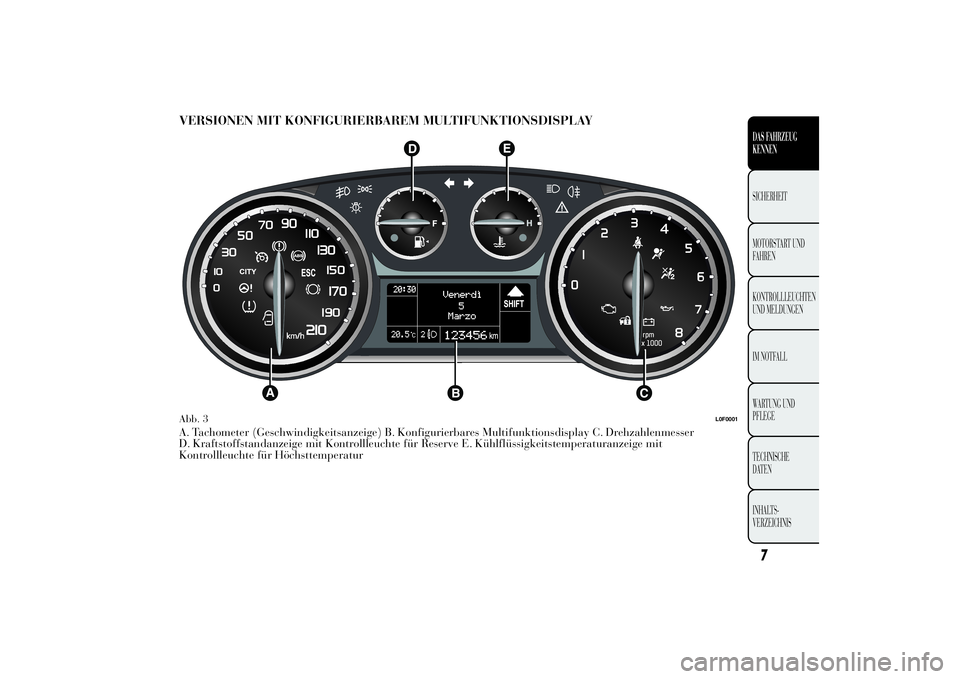 Lancia Ypsilon 2012  Betriebsanleitung (in German) VERSIONEN MIT KONFIGURIERBAREM MULTIFUNKTIONSDISPLAYA. Tachometer (Geschwindigkeitsanzeige) B. Konfigurierbares Multifunktionsdisplay C. Drehzahlenmesser
D. Kraftstoffstandanzeige mit Kontrollleuchte 