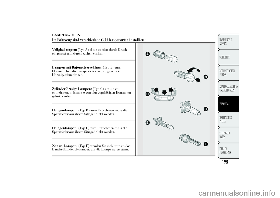 Lancia Ypsilon 2013  Betriebsanleitung (in German) LAMPENARTENIm Fahrzeug sind verschiedene Glühlampenarten installiert:
Vollglaslampen:(Typ A) diese werden durch Druck
eingesetzt und durch Ziehen entfernt.
Lampen mit Bajonettverschluss:(Typ B) zum
H