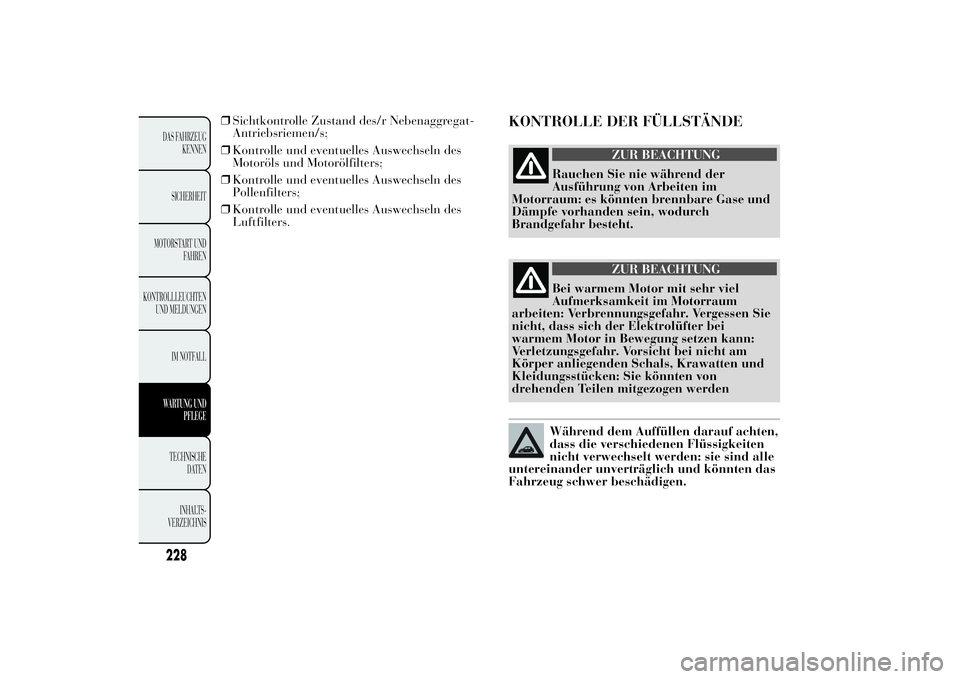 Lancia Ypsilon 2013  Betriebsanleitung (in German) ❒Sichtkontrolle Zustand des/r Nebenaggregat-
Antriebsriemen/s;
❒Kontrolle und eventuelles Auswechseln des
Motoröls und Motorölfilters;
❒Kontrolle und eventuelles Auswechseln des
Pollenfilters;