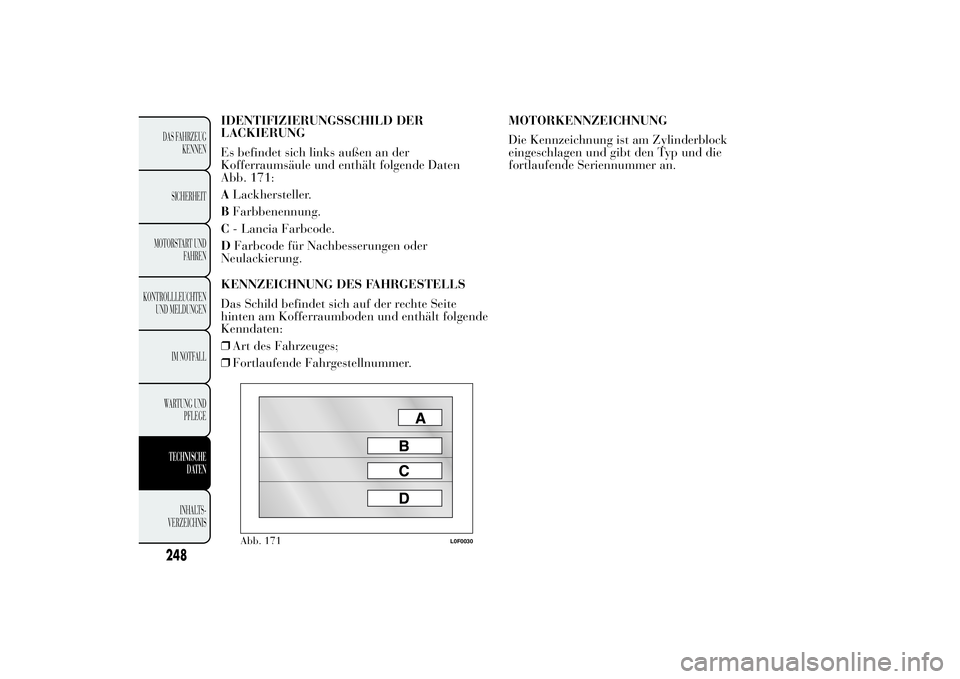 Lancia Ypsilon 2013  Betriebsanleitung (in German) IDENTIFIZIERUNGSSCHILD DER
LACKIERUNG
Es befindet sich links außen an der
Kofferraumsäule und enthält folgende Daten
Abb. 171:
ALackhersteller.
BFarbbenennung.
C- Lancia Farbcode.
DFarbcode für Na