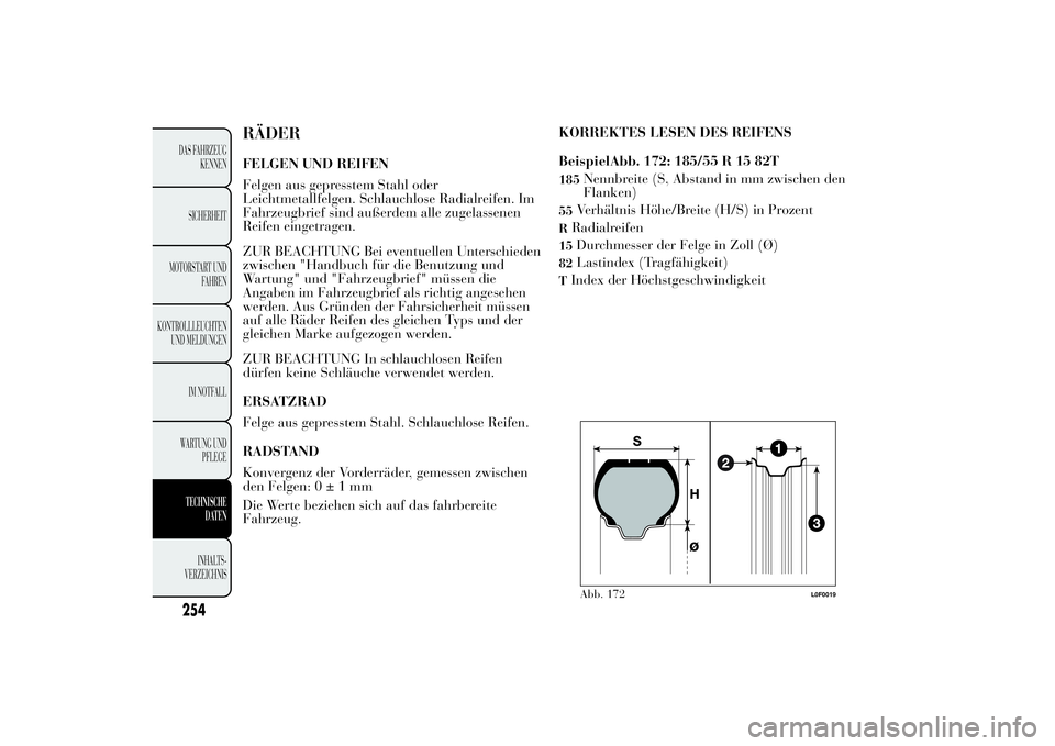 Lancia Ypsilon 2013  Betriebsanleitung (in German) RÄDERFELGEN UND REIFEN
Felgen aus gepresstem Stahl oder
Leichtmetallfelgen. Schlauchlose Radialreifen. Im
Fahrzeugbrief sind außerdem alle zugelassenen
Reifen eingetragen.
ZUR BEACHTUNG Bei eventuel