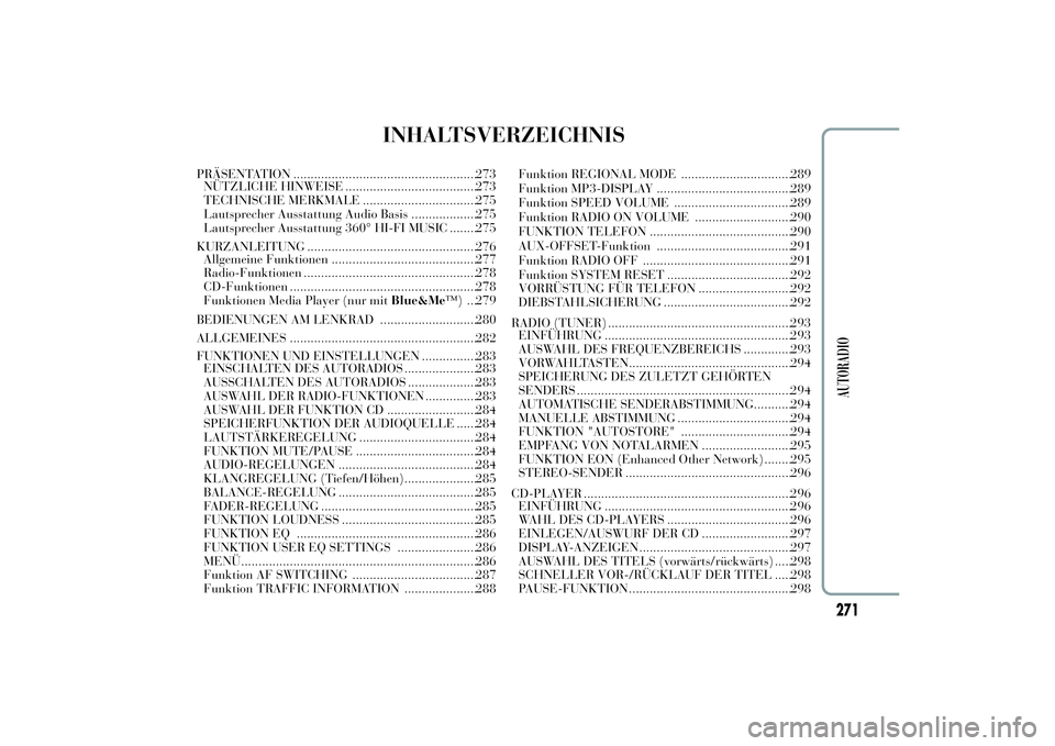 Lancia Ypsilon 2013  Betriebsanleitung (in German) INHALTSVERZEICHNIS
PRÄSENTATION .....................................................273
NÜTZLICHE HINWEISE ......................................273
TECHNISCHE MERKMALE ............................