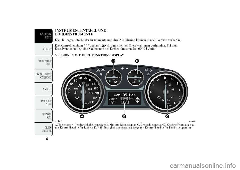 Lancia Ypsilon 2013  Betriebsanleitung (in German) INSTRUMENTENTAFEL UND
BORDINSTRUMENTEDie Hintergrundfarbe der Instrumente und ihre Ausführung können je nach Version variieren.
Die Kontrollleuchten
,
und
sind nur bei den Dieselversionen vorhanden.