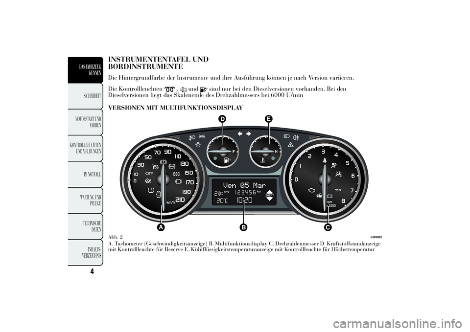 Lancia Ypsilon 2014 Betriebsanleitung (in German) INSTRUMENTENTAFEL UND
BORDINSTRUMENTEDie Hintergrundfarbe der Instrumente und ihre Ausführung können je nach Version variieren.
Die Kontrollleuchten
,
und
sind nur bei den Dieselversionen vorhanden. Lancia Ypsilon 2014 Betriebsanleitung (in German) INSTRUMENTENTAFEL UND
BORDINSTRUMENTEDie Hintergrundfarbe der Instrumente und ihre Ausführung können je nach Version variieren.
Die Kontrollleuchten
,
und
sind nur bei den Dieselversionen vorhanden.