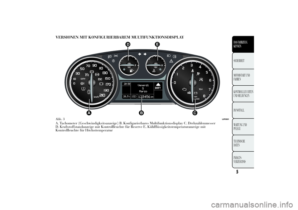 Lancia Ypsilon 2014 Betriebsanleitung (in German) VERSIONEN MIT KONFIGURIERBAREM MULTIFUNKTIONSDISPLAYA. Tachometer (Geschwindigkeitsanzeige) B. Konfigurierbares Multifunktionsdisplay C. Drehzahlenmesser
D. Kraftstoffstandanzeige mit Kontrollleuchte Lancia Ypsilon 2014 Betriebsanleitung (in German) VERSIONEN MIT KONFIGURIERBAREM MULTIFUNKTIONSDISPLAYA. Tachometer (Geschwindigkeitsanzeige) B. Konfigurierbares Multifunktionsdisplay C. Drehzahlenmesser
D. Kraftstoffstandanzeige mit Kontrollleuchte
