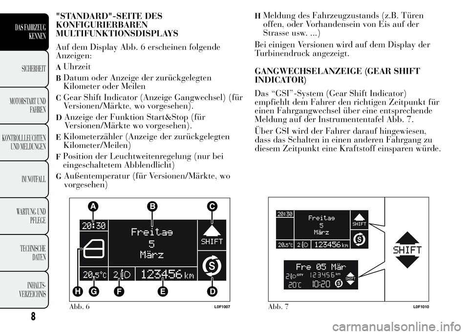 Lancia Ypsilon 2015 Betriebsanleitung (in German) "STANDARD"-SEITE DES
KONFIGURIERBAREN
MULTIFUNKTIONSDISPLAYS
Auf dem Display Abb. 6 erscheinen folgende
Anzeigen:
AUhrzeit
BDatum oder Anzeige der zurückgelegten
Kilometer oder Meilen
CGear S Lancia Ypsilon 2015 Betriebsanleitung (in German) "STANDARD"-SEITE DES
KONFIGURIERBAREN
MULTIFUNKTIONSDISPLAYS
Auf dem Display Abb. 6 erscheinen folgende
Anzeigen:
AUhrzeit
BDatum oder Anzeige der zurückgelegten
Kilometer oder Meilen
CGear S