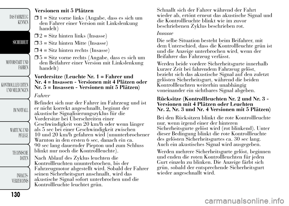 Lancia Ypsilon 2015 Betriebsanleitung (in German) ❒1 = Sitz vorne links (Angabe, dass es sich um
den Fahrer einer Version mit Linkslenkung
handelt)
❒2 = Sitz hinten links (Insasse)
❒3 = Sitz hinten Mitte (Insasse)
❒4 = Sitz hinten rechts (Ins Lancia Ypsilon 2015 Betriebsanleitung (in German) ❒1 = Sitz vorne links (Angabe, dass es sich um
den Fahrer einer Version mit Linkslenkung
handelt)
❒2 = Sitz hinten links (Insasse)
❒3 = Sitz hinten Mitte (Insasse)
❒4 = Sitz hinten rechts (Ins