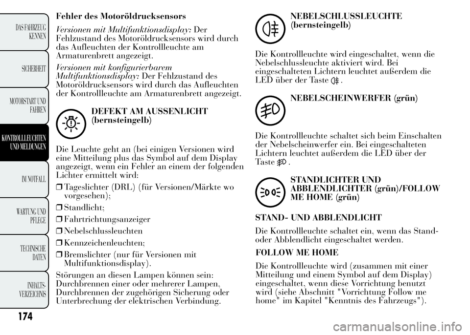 Lancia Ypsilon 2015  Betriebsanleitung (in German) Fehler des Motoröldrucksensors
Versionen mit Multifunktionsdisplay:Der
Fehlzustand des Motoröldrucksensors wird durch
das Aufleuchten der Kontrollleuchte am
Armaturenbrett angezeigt.
Versionen mit k