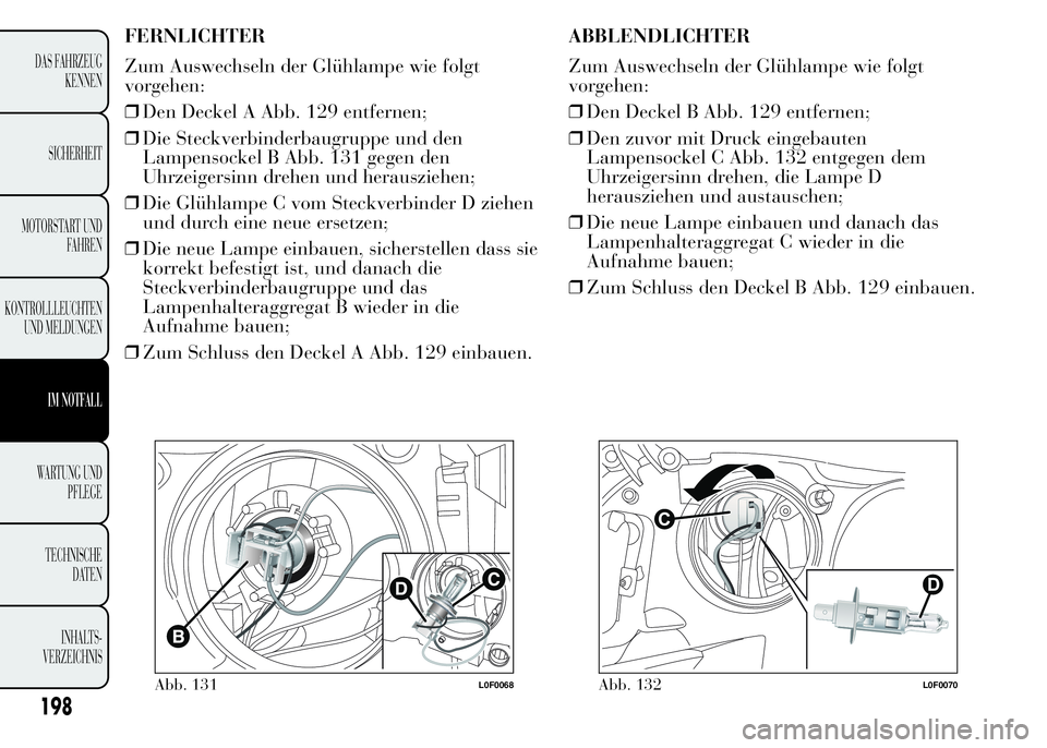 Lancia Ypsilon 2015 Betriebsanleitung (in German) FERNLICHTER
Zum Auswechseln der Glühlampe wie folgt
vorgehen:
❒Den Deckel A Abb. 129 entfernen;
❒Die Steckverbinderbaugruppe und den
Lampensockel B Abb. 131 gegen den
Uhrzeigersinn drehen und her Lancia Ypsilon 2015 Betriebsanleitung (in German) FERNLICHTER
Zum Auswechseln der Glühlampe wie folgt
vorgehen:
❒Den Deckel A Abb. 129 entfernen;
❒Die Steckverbinderbaugruppe und den
Lampensockel B Abb. 131 gegen den
Uhrzeigersinn drehen und her