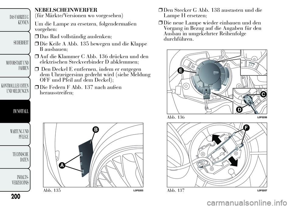 Lancia Ypsilon 2015 Betriebsanleitung (in German) NEBELSCHEINWERFER
(für Märkte/Versionen wo vorgesehen)
Um die Lampe zu ersetzen, folgendermaßen
vorgehen:
❒Das Rad vollständig auslenken;
❒Die Keile A Abb. 135 bewegen und die Klappe
B ausbaue Lancia Ypsilon 2015 Betriebsanleitung (in German) NEBELSCHEINWERFER
(für Märkte/Versionen wo vorgesehen)
Um die Lampe zu ersetzen, folgendermaßen
vorgehen:
❒Das Rad vollständig auslenken;
❒Die Keile A Abb. 135 bewegen und die Klappe
B ausbaue