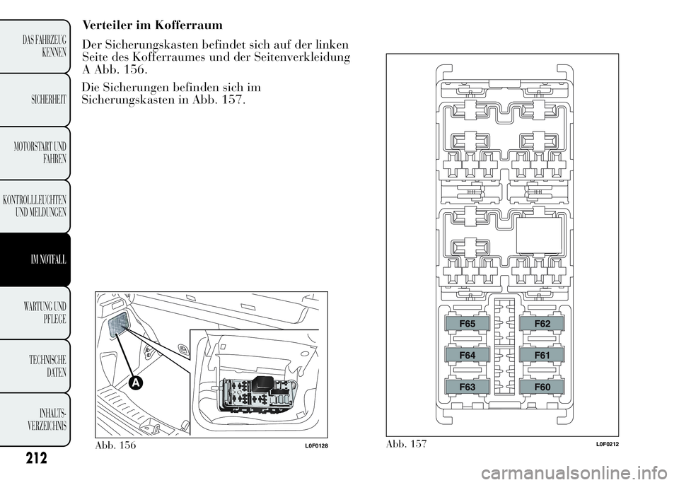 Lancia Ypsilon 2015 Betriebsanleitung (in German) Abb. 157L0F0212
212
DAS FAHRZEUG
KENNEN
SICHERHEIT
MOTORSTART UND
FAHREN
KONTROLLLEUCHTEN
UND MELDUNGEN
IM NOTFALL
WARTUNG UND
PFLEGE
TECHNISCHE
DATEN
INHALTS-
VERZEICHNIS
Verteiler im Kofferraum
Der Lancia Ypsilon 2015 Betriebsanleitung (in German) Abb. 157L0F0212
212
DAS FAHRZEUG
KENNEN
SICHERHEIT
MOTORSTART UND
FAHREN
KONTROLLLEUCHTEN
UND MELDUNGEN
IM NOTFALL
WARTUNG UND
PFLEGE
TECHNISCHE
DATEN
INHALTS-
VERZEICHNIS
Verteiler im Kofferraum
Der