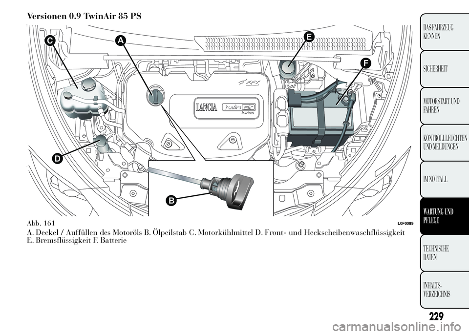 Lancia Ypsilon 2015 Betriebsanleitung (in German) Versionen 0.9 TwinAir 85 PS
A. Deckel / Auffüllen des Motoröls B. Ölpeilstab C. Motorkühlmittel D. Front- und Heckscheibenwaschflüssigkeit
E. Bremsflüssigkeit F. Batterie
F
EC
D
B
A
Abb. 161L0F0 Lancia Ypsilon 2015 Betriebsanleitung (in German) Versionen 0.9 TwinAir 85 PS
A. Deckel / Auffüllen des Motoröls B. Ölpeilstab C. Motorkühlmittel D. Front- und Heckscheibenwaschflüssigkeit
E. Bremsflüssigkeit F. Batterie
F
EC
D
B
A
Abb. 161L0F0
