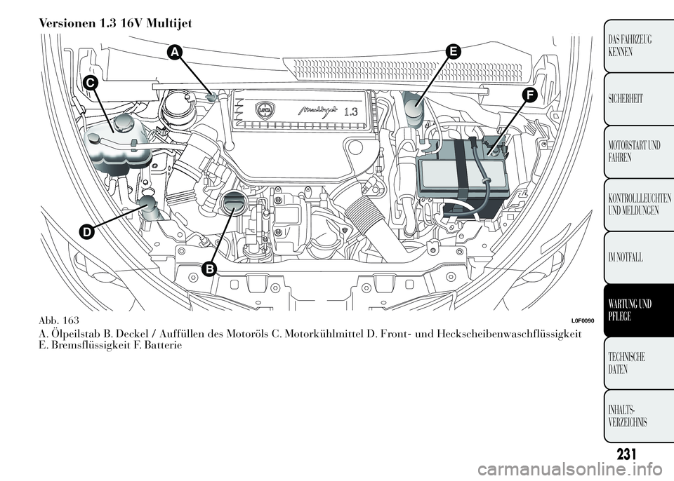 Lancia Ypsilon 2015 Betriebsanleitung (in German) Versionen 1.3 16V Multijet
A. Ölpeilstab B. Deckel / Auffüllen des Motoröls C. Motorkühlmittel D. Front- und Heckscheibenwaschflüssigkeit
E. Bremsflüssigkeit F. Batterie
EA
C
D
B
F
Abb. 163L0F00 Lancia Ypsilon 2015 Betriebsanleitung (in German) Versionen 1.3 16V Multijet
A. Ölpeilstab B. Deckel / Auffüllen des Motoröls C. Motorkühlmittel D. Front- und Heckscheibenwaschflüssigkeit
E. Bremsflüssigkeit F. Batterie
EA
C
D
B
F
Abb. 163L0F00