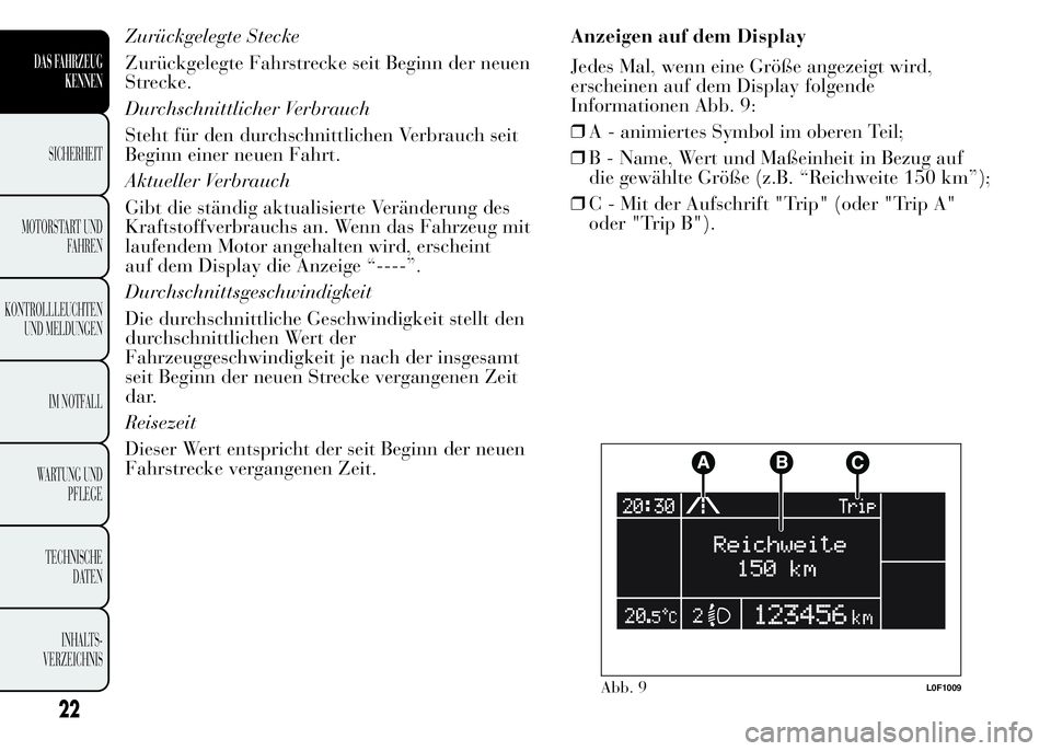 Lancia Ypsilon 2015  Betriebsanleitung (in German) Zurückgelegte Stecke
Zurückgelegte Fahrstrecke seit Beginn der neuen
Strecke.
Durchschnittlicher Verbrauch
Steht für den durchschnittlichen Verbrauch seit
Beginn einer neuen Fahrt.
Aktueller Verbra