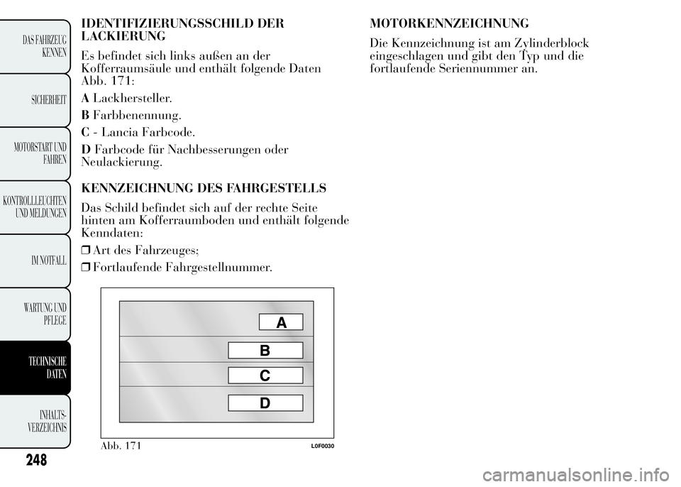Lancia Ypsilon 2015 Betriebsanleitung (in German) IDENTIFIZIERUNGSSCHILD DER
LACKIERUNG
Es befindet sich links außen an der
Kofferraumsäule und enthält folgende Daten
Abb. 171:
ALackhersteller.
BFarbbenennung.
C- Lancia Farbcode.
DFarbcode für Na Lancia Ypsilon 2015 Betriebsanleitung (in German) IDENTIFIZIERUNGSSCHILD DER
LACKIERUNG
Es befindet sich links außen an der
Kofferraumsäule und enthält folgende Daten
Abb. 171:
ALackhersteller.
BFarbbenennung.
C- Lancia Farbcode.
DFarbcode für Na