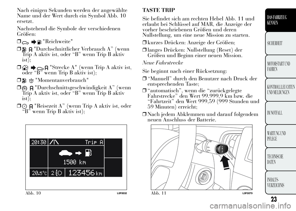 Lancia Ypsilon 2015 Betriebsanleitung (in German) Nach einigen Sekunden werden der angewählte
Name und der Wert durch ein Symbol Abb. 10
ersetzt.
Nachstehend die Symbole der verschiedenen
Größen:
❒
"Reichweite"
❒
"Durchschnittliche Lancia Ypsilon 2015 Betriebsanleitung (in German) Nach einigen Sekunden werden der angewählte
Name und der Wert durch ein Symbol Abb. 10
ersetzt.
Nachstehend die Symbole der verschiedenen
Größen:
❒
"Reichweite"
❒
"Durchschnittliche