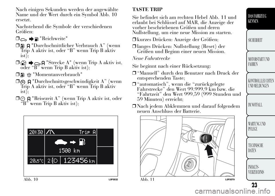 Lancia Ypsilon 2015  Betriebsanleitung (in German) Nach einigen Sekunden werden der angewählte
Name und der Wert durch ein Symbol Abb. 10
ersetzt.
Nachstehend die Symbole der verschiedenen
Größen:
❒
"Reichweite"
❒
"Durchschnittliche