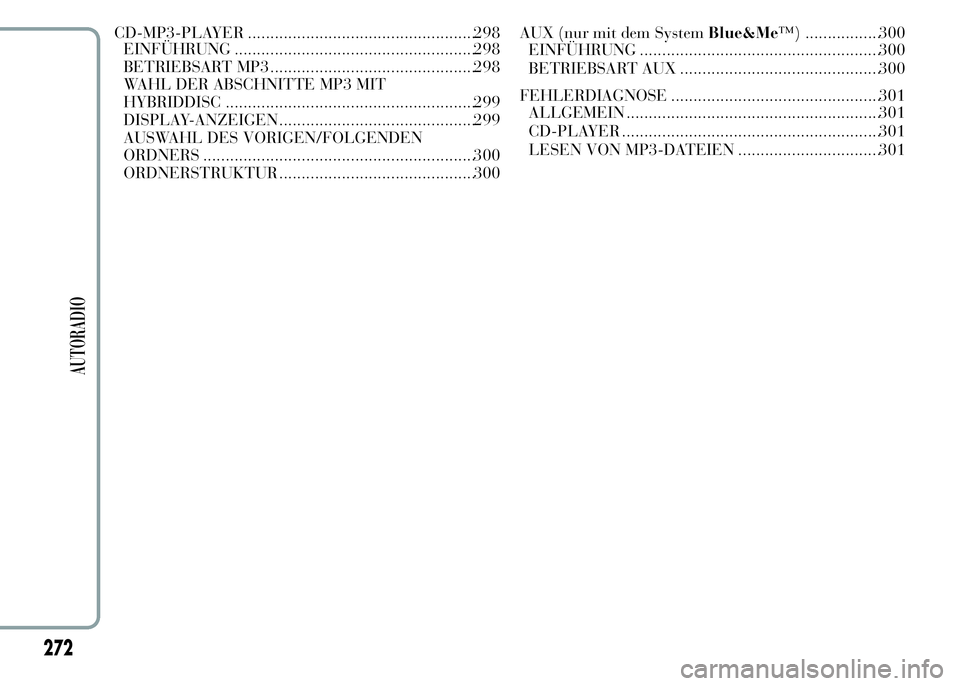 Lancia Ypsilon 2015  Betriebsanleitung (in German) CD-MP3-PLAYER ...................................................298
EINFÜHRUNG ......................................................298
BETRIEBSART MP3 .............................................