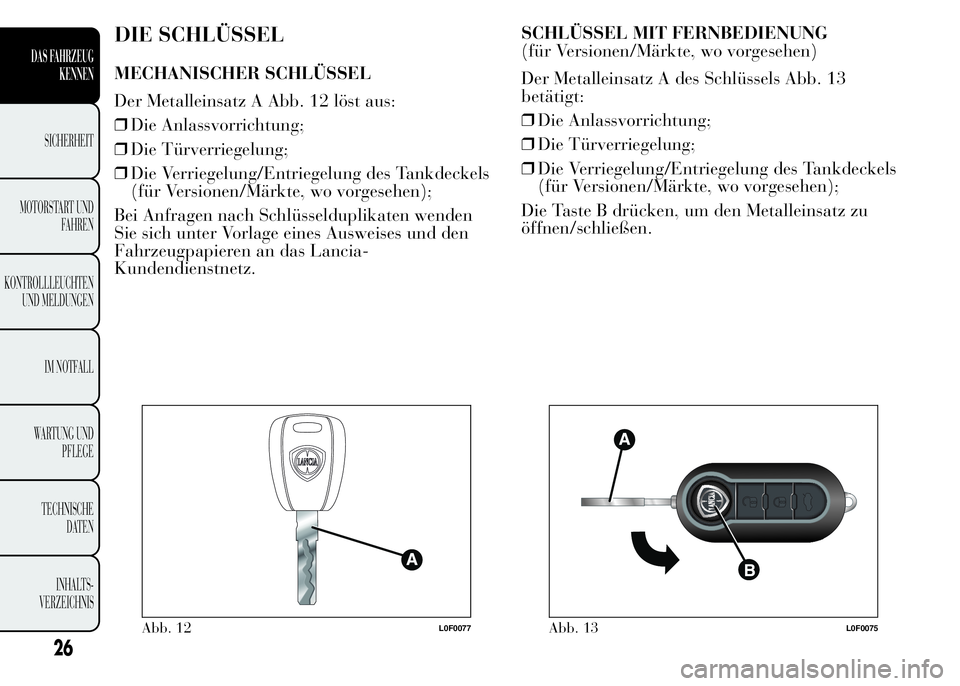 Lancia Ypsilon 2015  Betriebsanleitung (in German) DIE SCHLÜSSEL
MECHANISCHER SCHLÜSSEL
Der Metalleinsatz A Abb. 12 löst aus:
❒Die Anlassvorrichtung;
❒Die Türverriegelung;
❒Die Verriegelung/Entriegelung des Tankdeckels
(für Versionen/Märkt