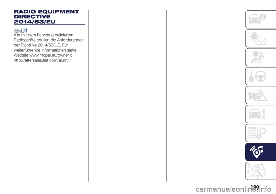 Lancia Ypsilon 2018  Betriebsanleitung (in German) RADIO EQUIPMENT
DIRECTIVE
2014/53/EU
Alle mit dem Fahrzeug gelieferten
Radiogeräte erfüllen die Anforderungen
der Richtlinie 2014/53/UE. Für
weiterführende Informationen siehe
Website www.mopar.eu
