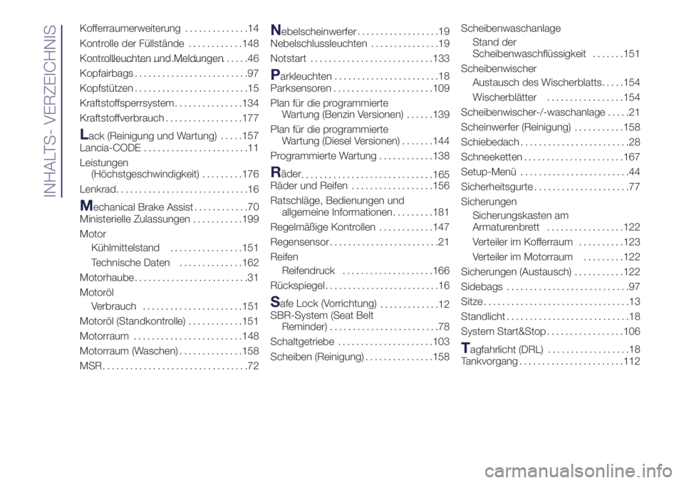 Lancia Ypsilon 2018  Betriebsanleitung (in German) Kofferraumerweiterung..............14
Kontrolle der Füllstände............148
Kontrollleuchten und Meldungen..................................46
Kopfairbags.........................97
Kopfstützen..