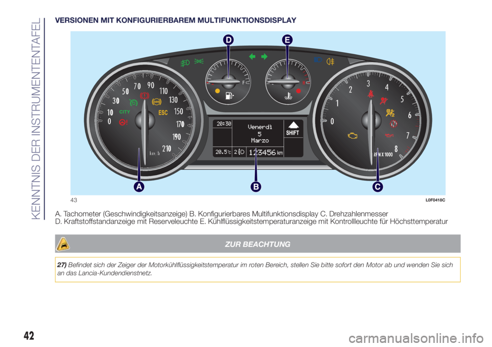 Lancia Ypsilon 2016  Betriebsanleitung (in German) VERSIONEN MIT KONFIGURIERBAREM MULTIFUNKTIONSDISPLAY
A. Tachometer (Geschwindigkeitsanzeige) B. Konfigurierbares Multifunktionsdisplay C. Drehzahlenmesser
D. Kraftstoffstandanzeige mit Reserveleuchte 