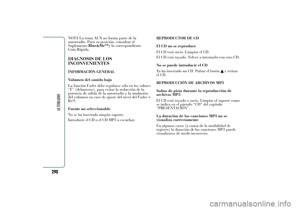 Lancia Ypsilon 2011 Manual de Empleo y Cuidado (in Spanish) NOTA La toma AUX no forma parte de la
autorradio. Para su posición, consultar el
SuplementoBlue&Me™y la correspondiente
Guía Rápida.DIAGNOSIS DE LOS
INCONVENIENTESINFORMACIÓN GENERAL
Volumen del Lancia Ypsilon 2011 Manual de Empleo y Cuidado (in Spanish) NOTA La toma AUX no forma parte de la
autorradio. Para su posición, consultar el
SuplementoBlue&Me™y la correspondiente
Guía Rápida.DIAGNOSIS DE LOS
INCONVENIENTESINFORMACIÓN GENERAL
Volumen del