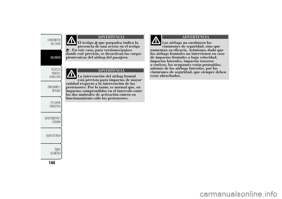 Lancia Ypsilon 2012 Manual de Empleo y Cuidado (in Spanish) ADVERTENCIA
El testigo
que parpadea indica la
presencia de una avería en el testigo
. En este caso, para versiones/países
donde esté previsto, se desactivan las cargas
pirotécnicas del airbag del Lancia Ypsilon 2012 Manual de Empleo y Cuidado (in Spanish) ADVERTENCIA
El testigo
que parpadea indica la
presencia de una avería en el testigo
. En este caso, para versiones/países
donde esté previsto, se desactivan las cargas
pirotécnicas del airbag del