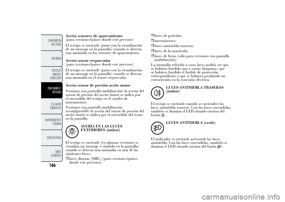Lancia Ypsilon 2012  Manual de Empleo y Cuidado (in Spanish) Avería sensores de aparcamiento
(para versiones/países donde esté previsto)
El testigo se enciende (junto con la visualización
de un mensaje en la pantalla) cuando se detecta
una anomalía en los 