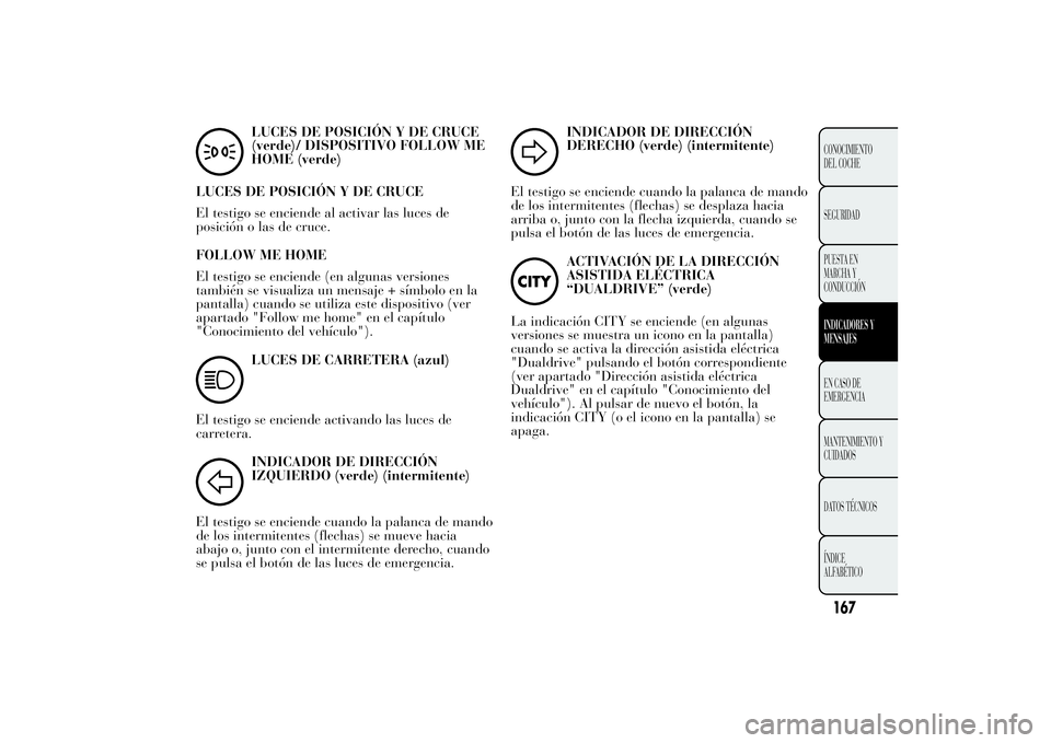 Lancia Ypsilon 2012 Manual de Empleo y Cuidado (in Spanish) LUCES DE POSICIÓN Y DE CRUCE
(verde)/ DISPOSITIVO FOLLOW ME
HOME (verde)
LUCES DE POSICIÓN Y DE CRUCE
El testigo se enciende al activar las luces de
posición o las de cruce.
FOLLOW ME HOME
El testi Lancia Ypsilon 2012 Manual de Empleo y Cuidado (in Spanish) LUCES DE POSICIÓN Y DE CRUCE
(verde)/ DISPOSITIVO FOLLOW ME
HOME (verde)
LUCES DE POSICIÓN Y DE CRUCE
El testigo se enciende al activar las luces de
posición o las de cruce.
FOLLOW ME HOME
El testi
