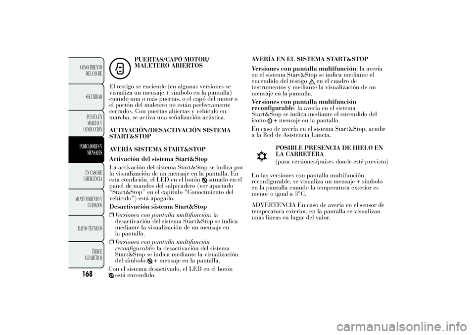 Lancia Ypsilon 2012 Manual de Empleo y Cuidado (in Spanish) PUERTAS/CAPÓ MOTOR/
MALETERO ABIERTOS
El testigo se enciende (en algunas versiones se
visualiza un mensaje + símbolo en la pantalla)
cuando una o más puertas, o el capó del motor o
el portón del Lancia Ypsilon 2012 Manual de Empleo y Cuidado (in Spanish) PUERTAS/CAPÓ MOTOR/
MALETERO ABIERTOS
El testigo se enciende (en algunas versiones se
visualiza un mensaje + símbolo en la pantalla)
cuando una o más puertas, o el capó del motor o
el portón del