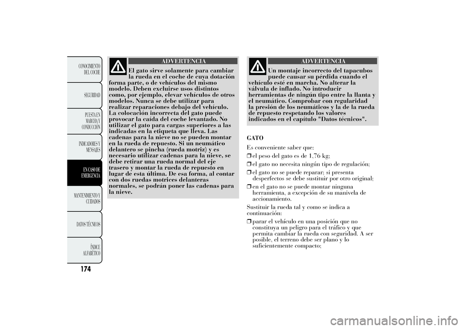 Lancia Ypsilon 2012  Manual de Empleo y Cuidado (in Spanish) ADVERTENCIA
El gato sirve solamente para cambiar
la rueda en el coche de cuya dotación
forma parte, o de vehículos del mismo
modelo. Deben excluirse usos distintos
como, por ejemplo, elevar vehícul